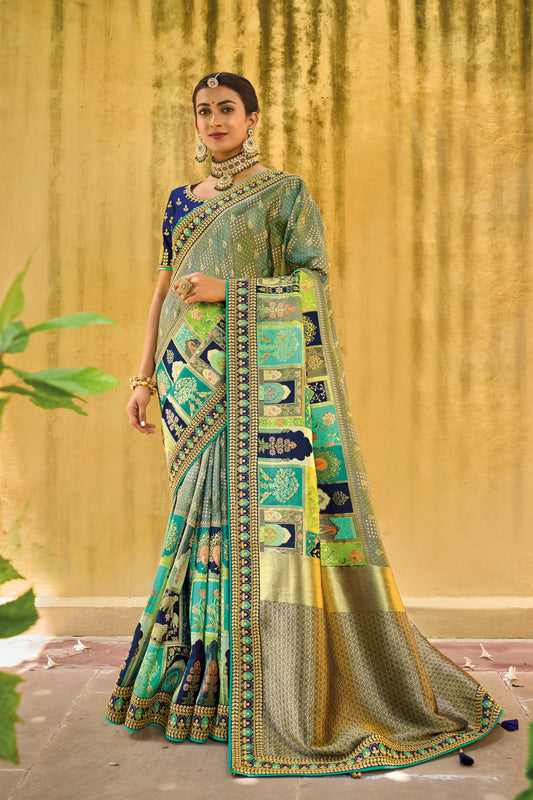 Blue Dola Silk Big Bordered Designer Saree with Embroidered Blouse