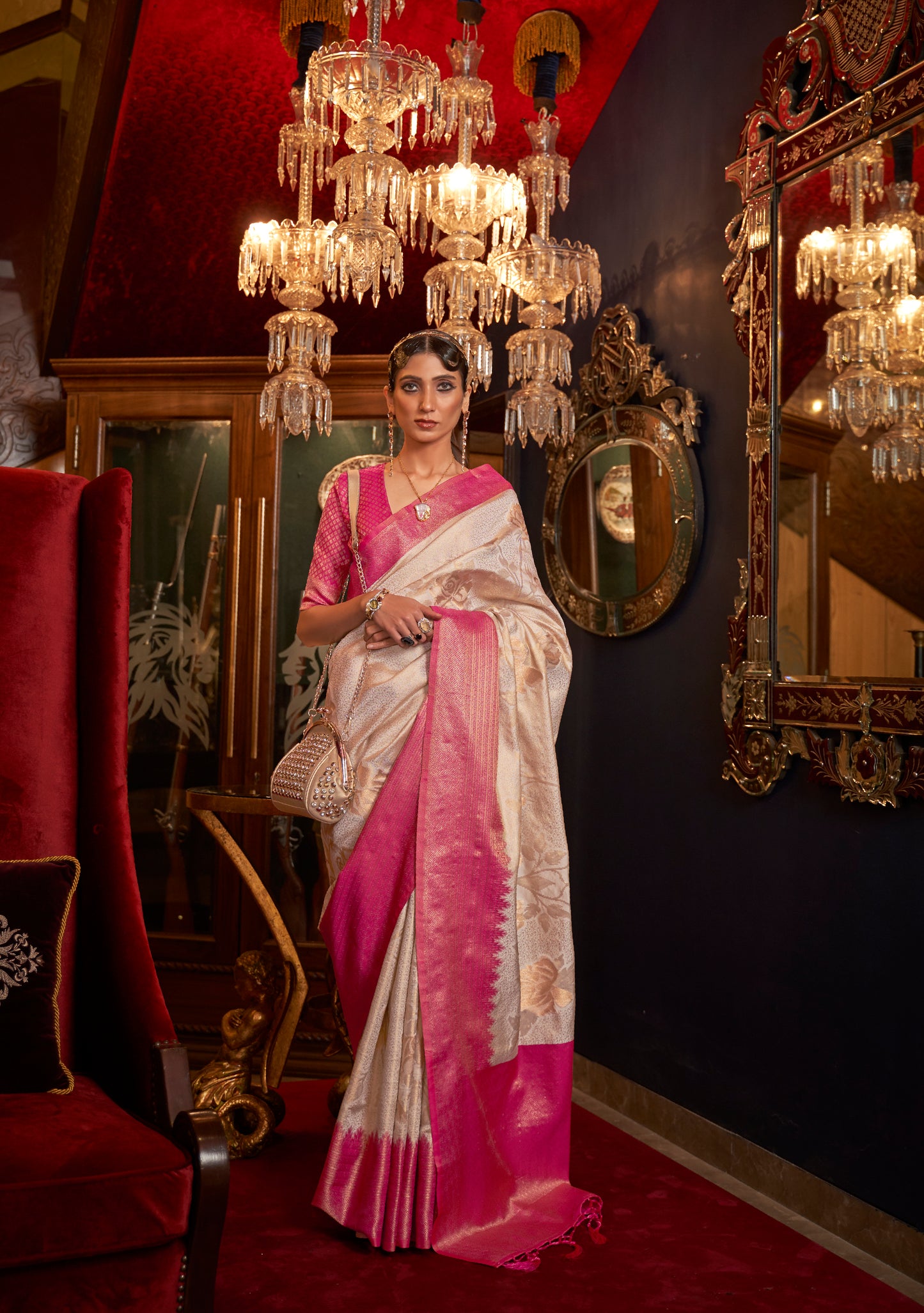 Glossy White with Pink kanjivaram Pattu Saree for Woman