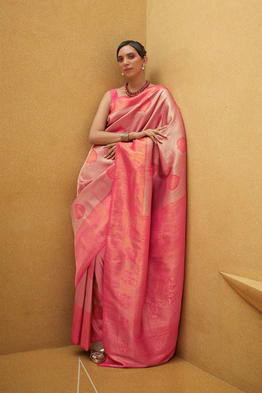 Strawberry Pink Latest Designer Kanjivaram Silk Saree with Antique Finish