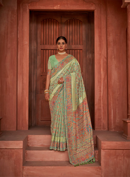 Mint Green Multi-color Kashmiri Pashmina Inspired Silk Saree For Wedding Reception