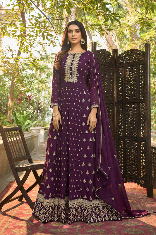 Dark Plum Embroidered Partywear Gown Suit with Dupatta