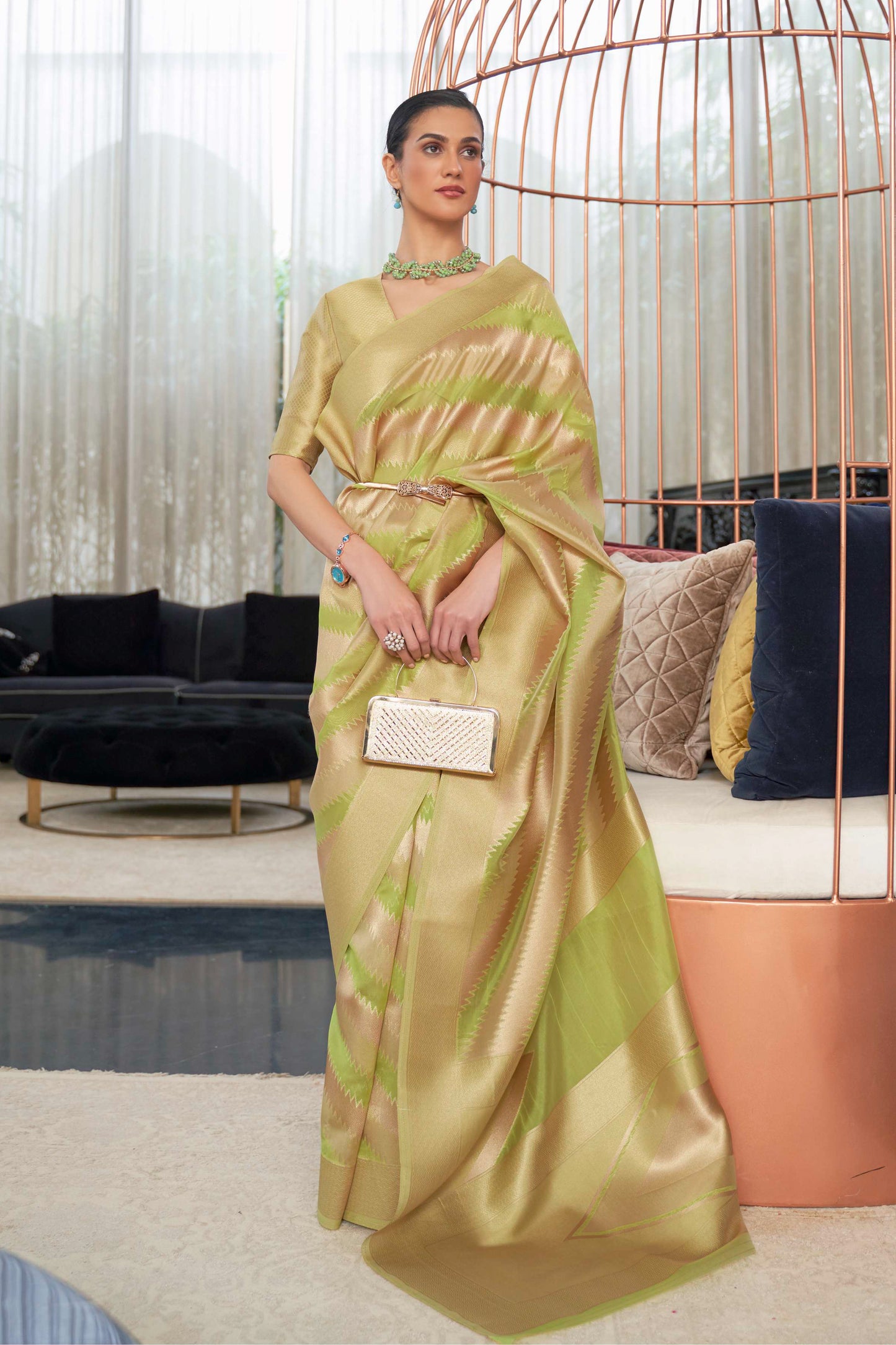 Green Golden Soft Banarasi Organza Silk Saree with Blouse