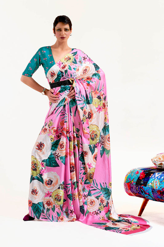 Baby Pink Designer Pure Satin Silk Saree with Blouse