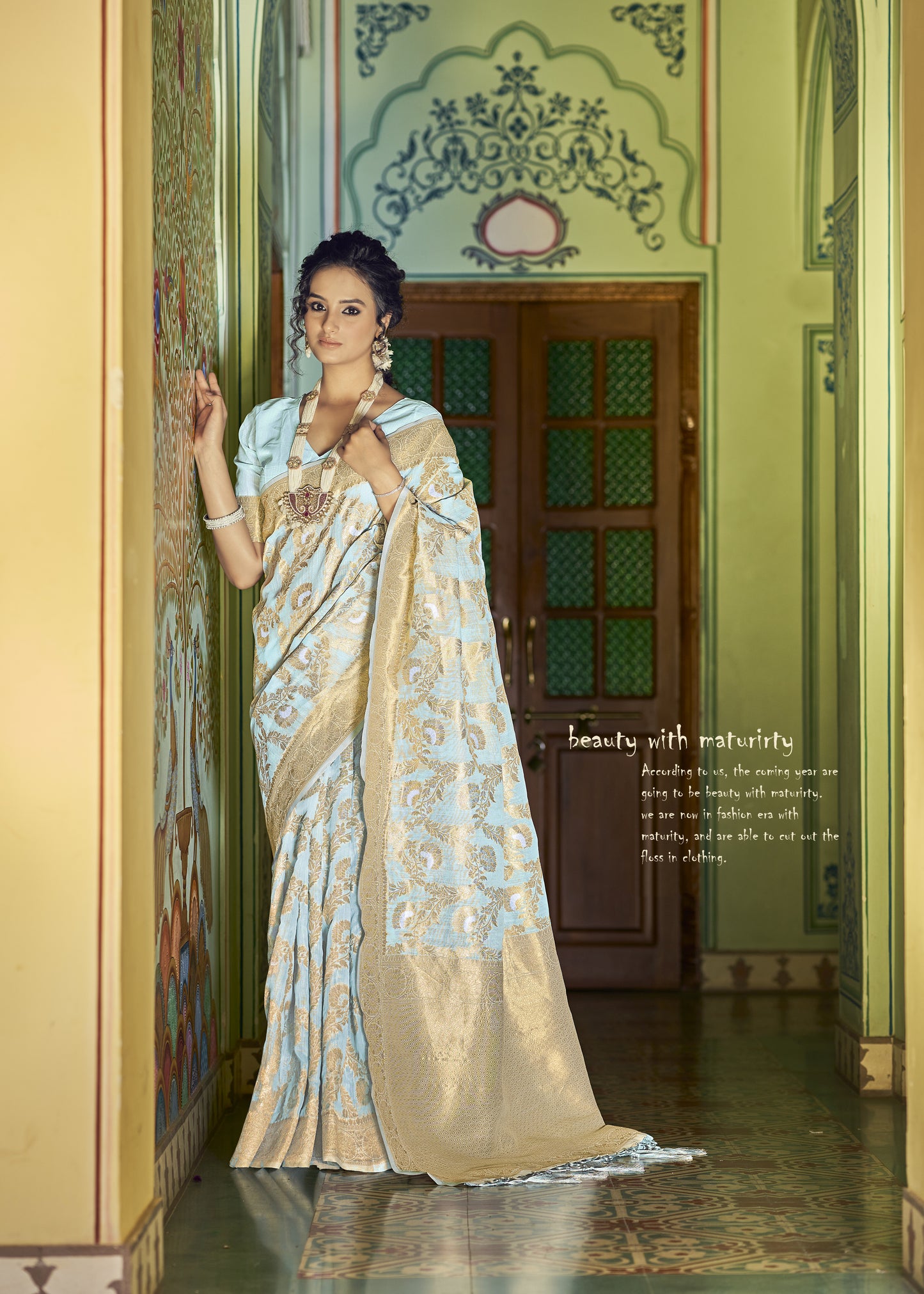 Powder Blue Banarasi Jungla Jaal Zari Woven Saree for Weddings