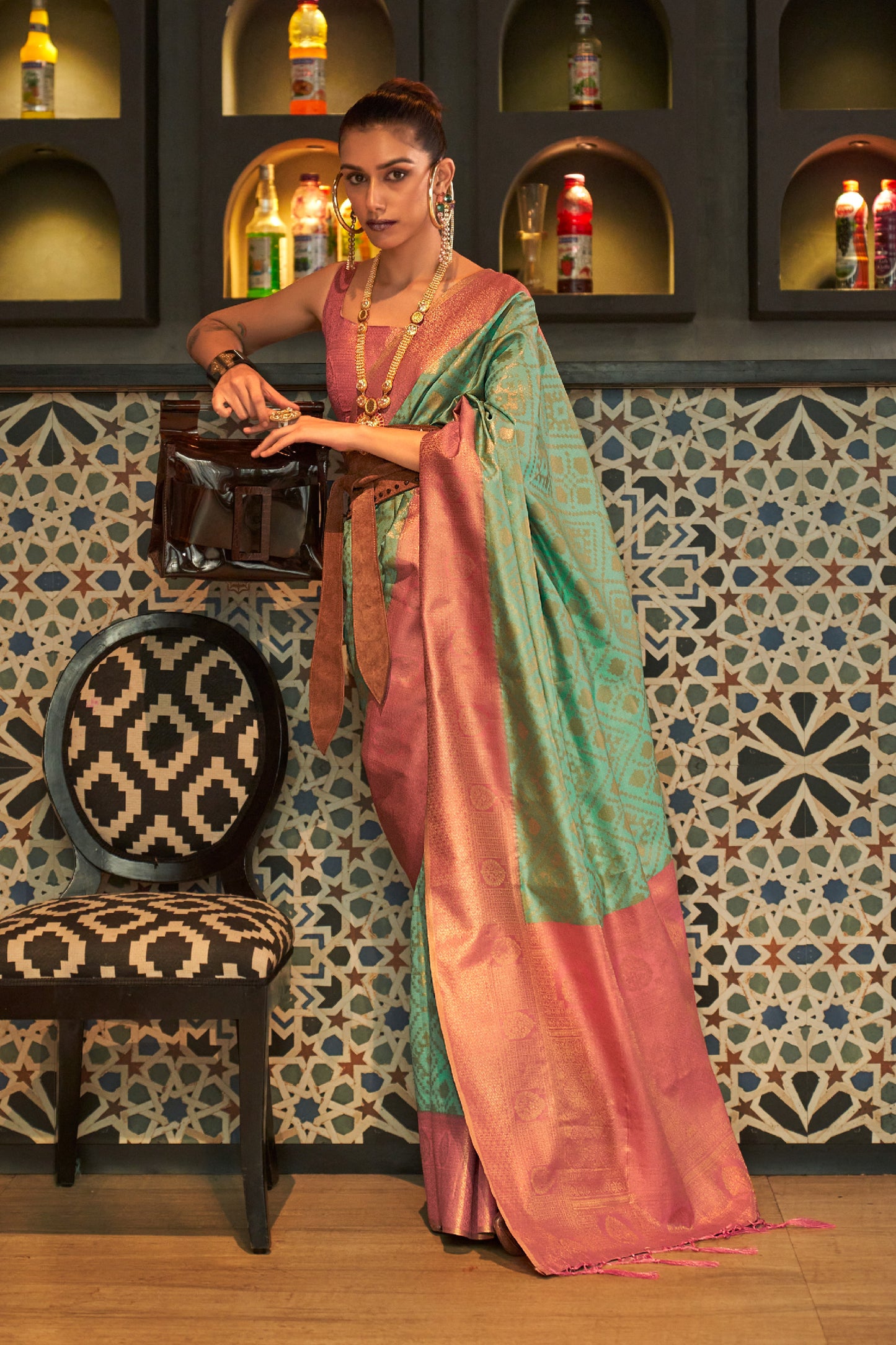 Mint Green Contrast Bordered Kanjivaram Saree with Zari Intricate Weaving