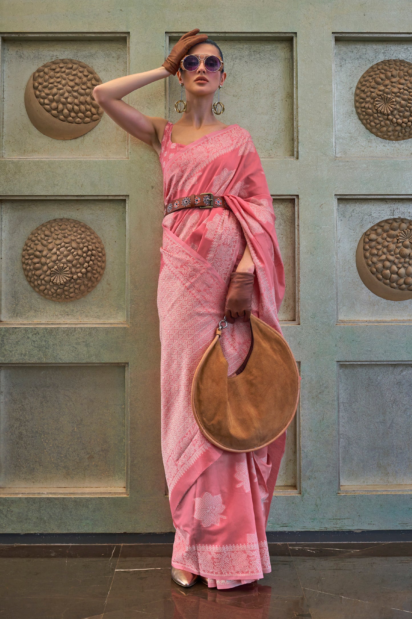 Rose Pink Lucknowi Chikenkari Threadwork Saree with Beautiful Blouse
