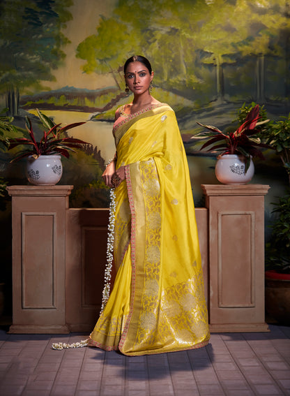 Sunshine Yellow Woven Banarasi Saree with Peach Blouse