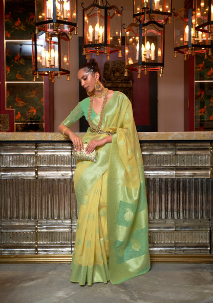 Lemon Yellow & Green Woven Banarasi Linen Silk Saree