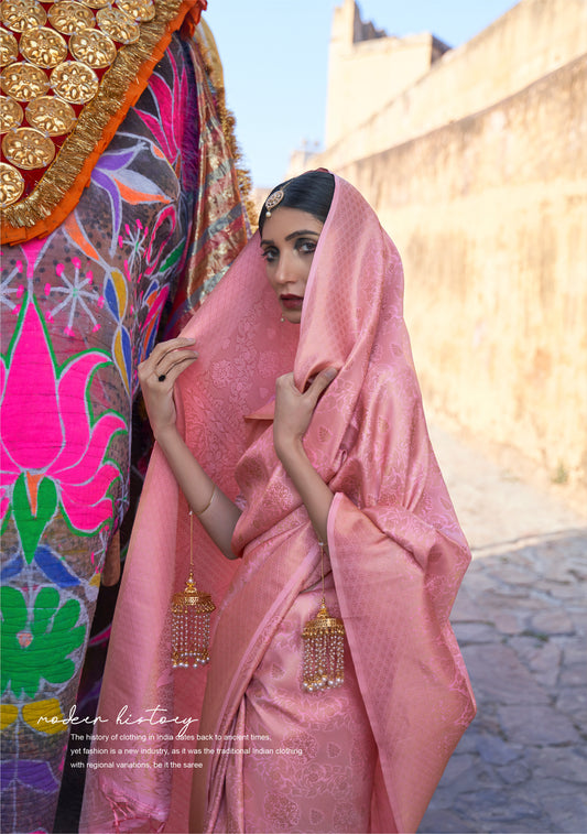 Lavish Pink Brocade Single Tone Kanjivaram Saree With Zari Weaving