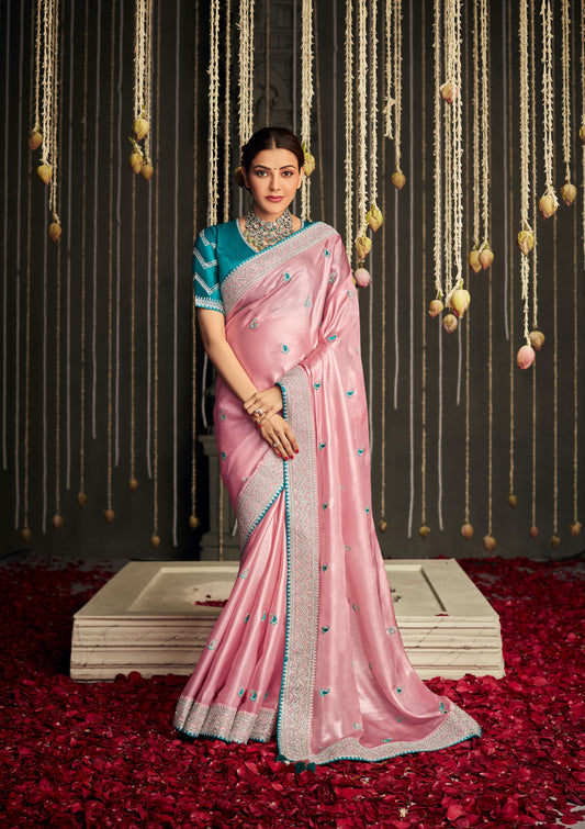 Pretty Pink Shimmer Organza Saree with Teal Banarasi Embroidered Blouse