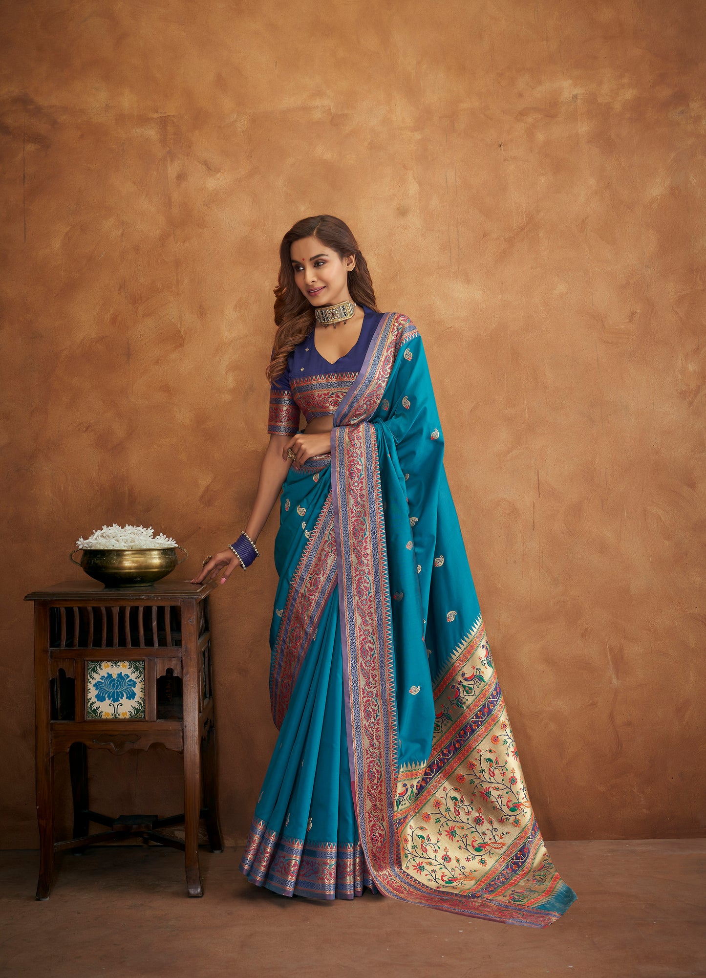 Ocean Blue Woven Paithani Soft Silk Saree for Weddings