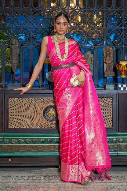 Hot Pink Laheriya Stripes Banarasi Silk Saree with Designer Blouse for Women