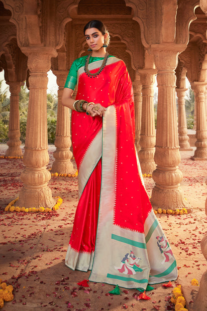 Bright Red Designer Paithani Saree with Unique Pallu