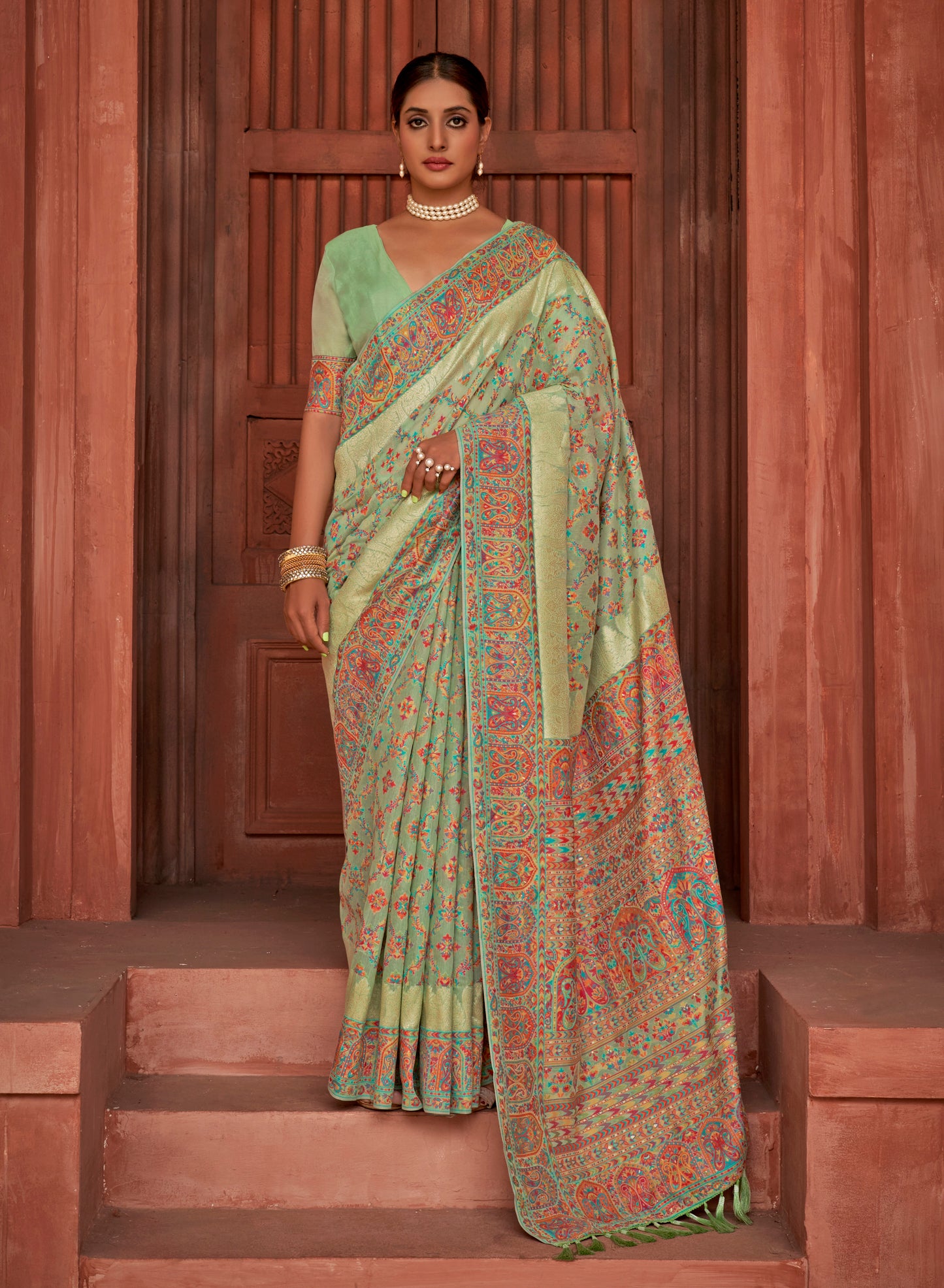 Mint Green Multi-color Kashmiri Pashmina Inspired Silk Saree For Wedding Reception