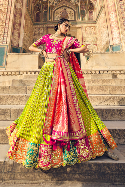 Crushed Silk Beautiful Green Lahenga Skirt with Pink Embellished Gotta Blouse