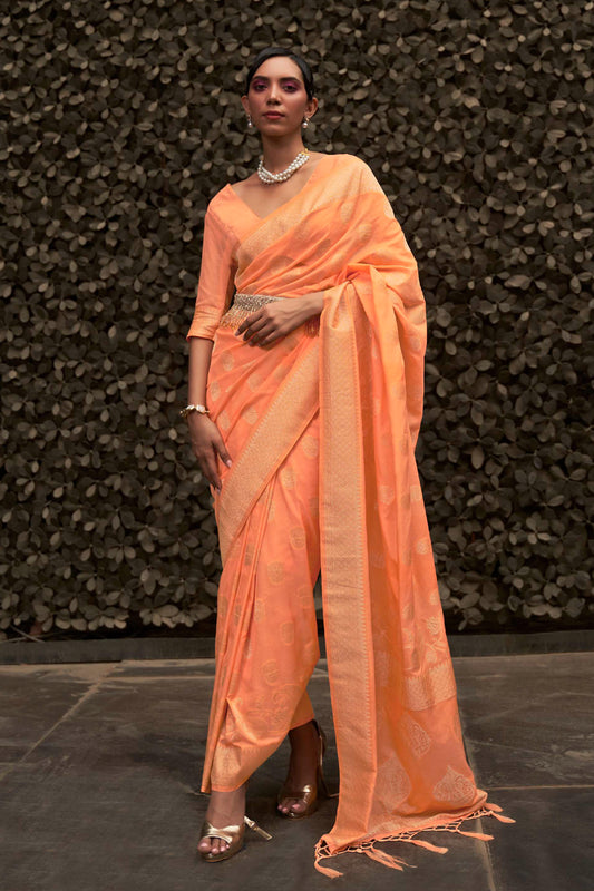 Tangerine Banarasi Woven Saree with Designer Pallu and Border