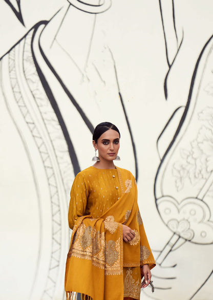 Mustard Yellow Pashmina Inspired Paisly Design One Color Suit Pant and Dupatta