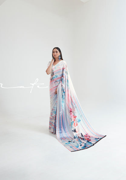 Rainbow White Abstract 3D Printed Pure Satin Silk Saree for Weddings