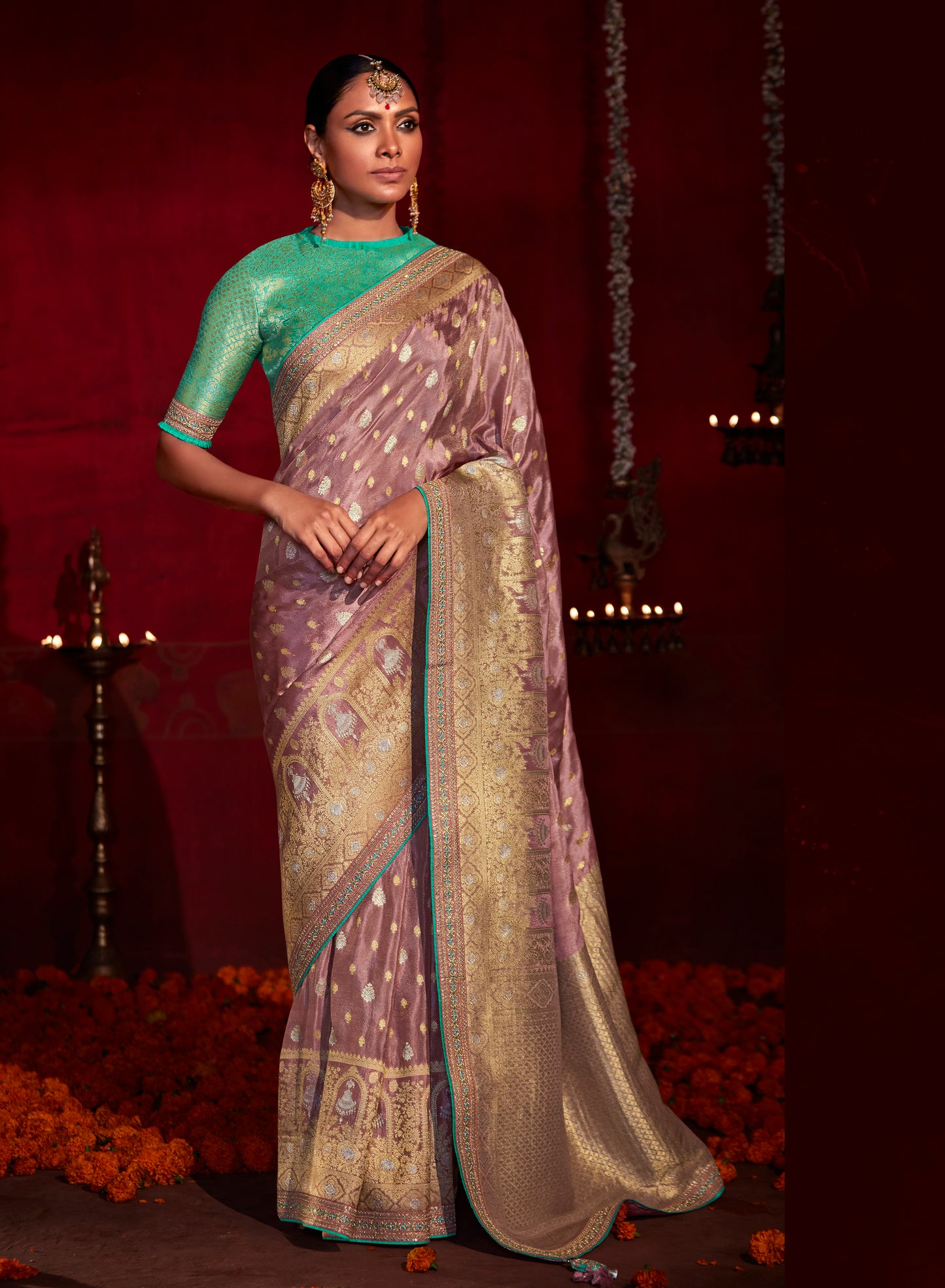 Mauve Purple Banarasi Ektara Silk Saree with Green Blouse