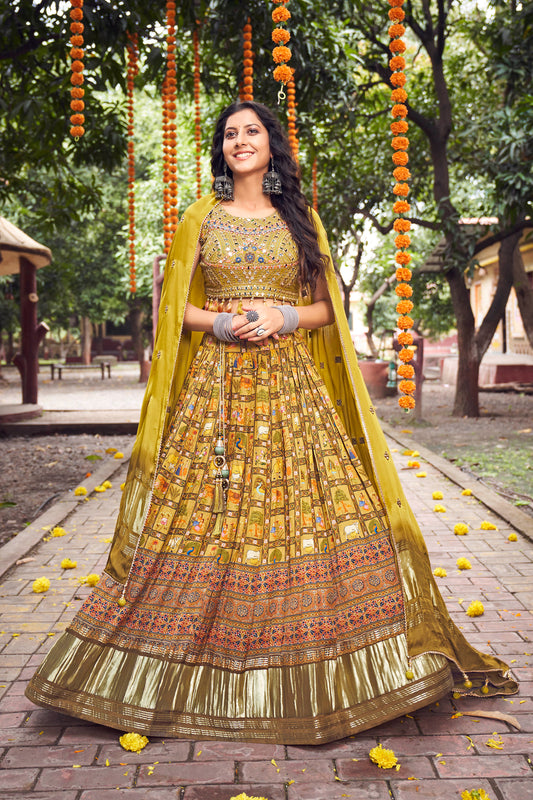 Golden Yellow Traditional Gajji Lahenga Choli with Designer Embroidered Mirror Embellished Blouse