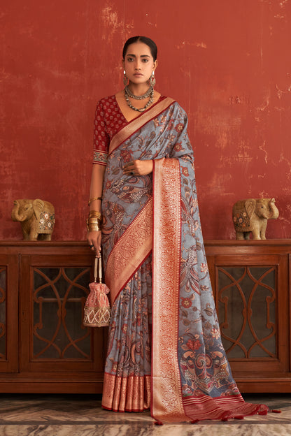 Cloud Grey Pen Kalamkari Printed Silk Saree with Woven Kanchi Pallu