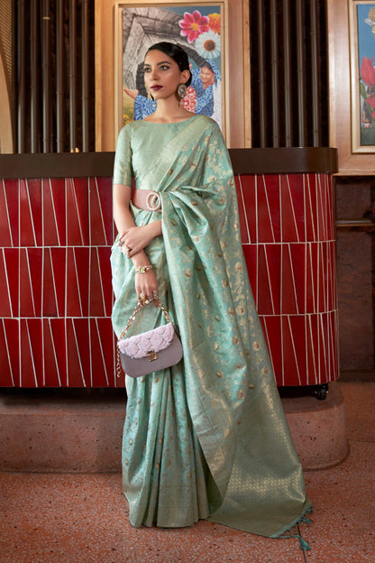 Dust Green Woven Banarasi Jungla Jaal Soft Silk Saree