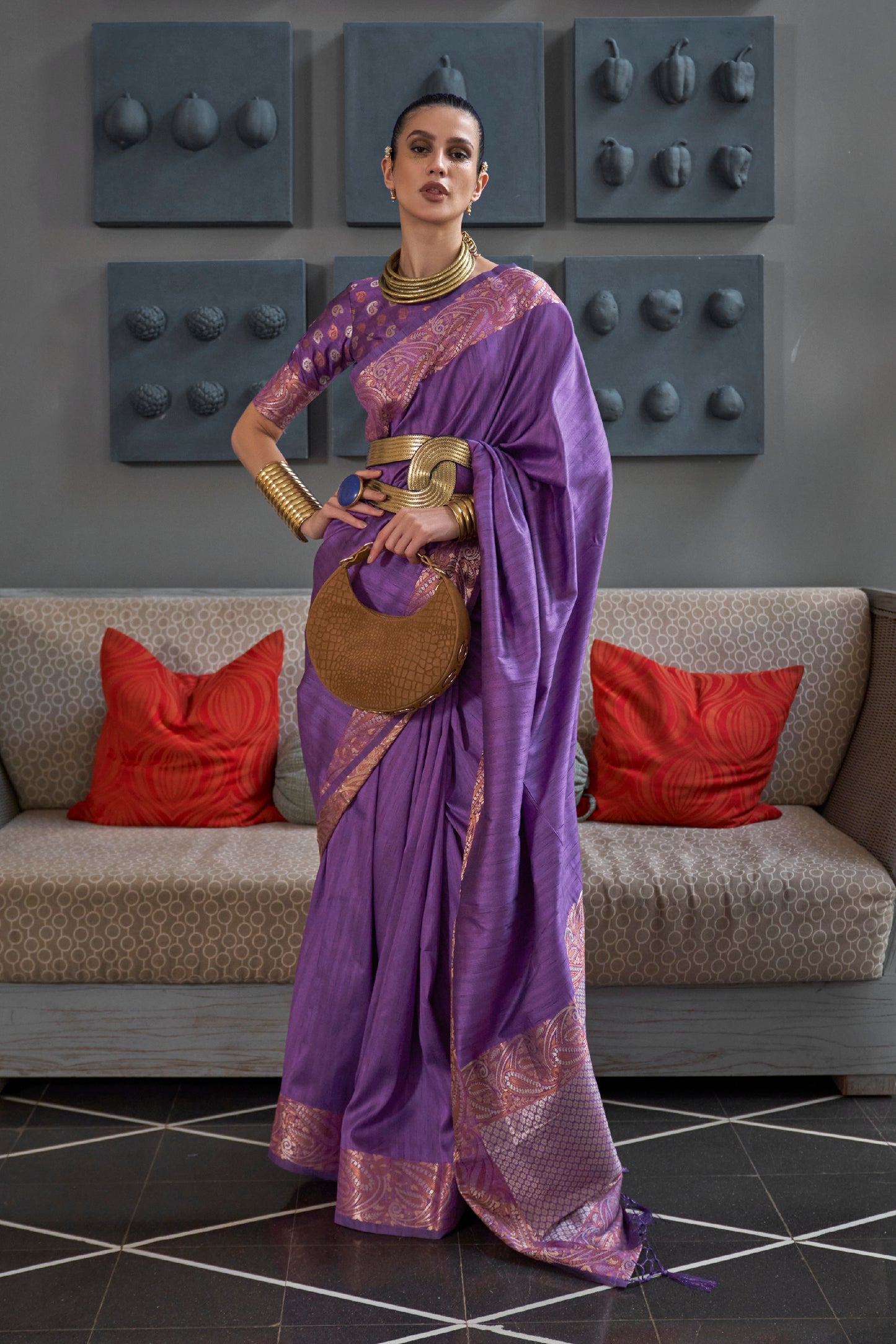 French Violet Latest Designer Tussar Silk Saree Blouse for Women