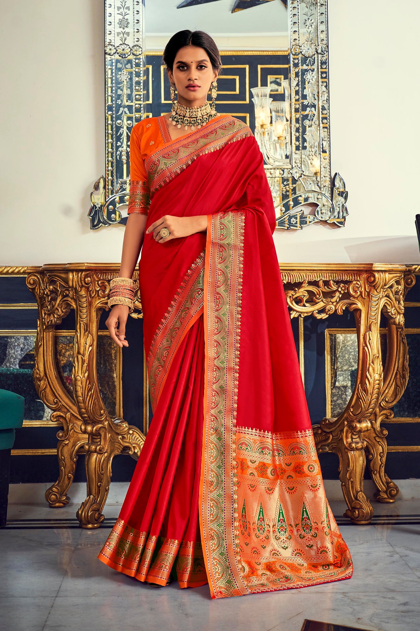 Red Paithani Woven Pallu and Border Saree with Contrast Blouse