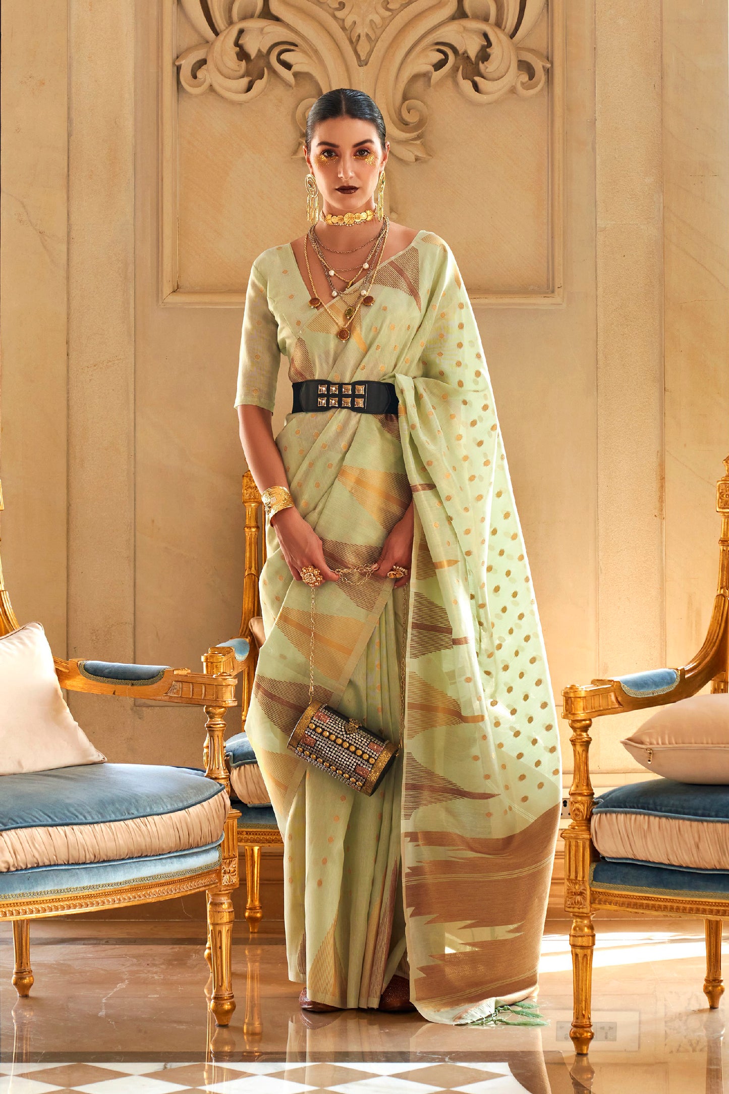 Pistachio Green Temple Bordered Designer Soft Tissue Saree for Weddings