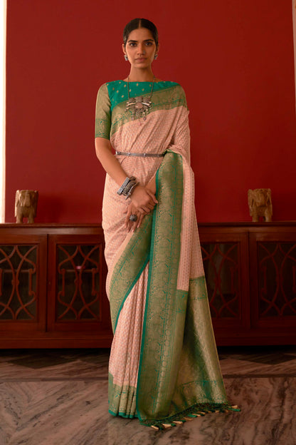 Pastel Pink Soft Kanjivaram Style Saree with Dark Green Pattu Border