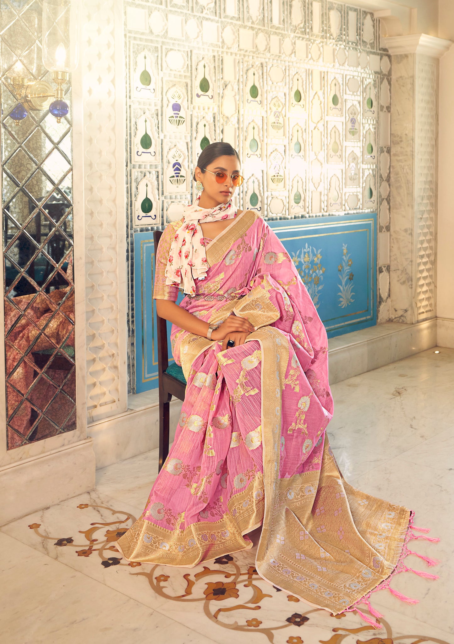 Baby Pink Woven Banarasi Linen Silk Saree