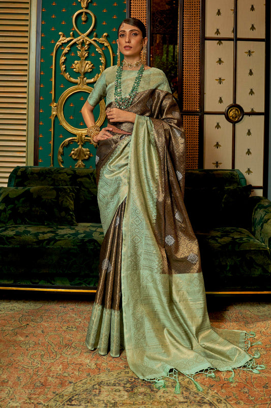 Copper Grey Shimmer Silk Kanjivaram Style Saree with Green Border