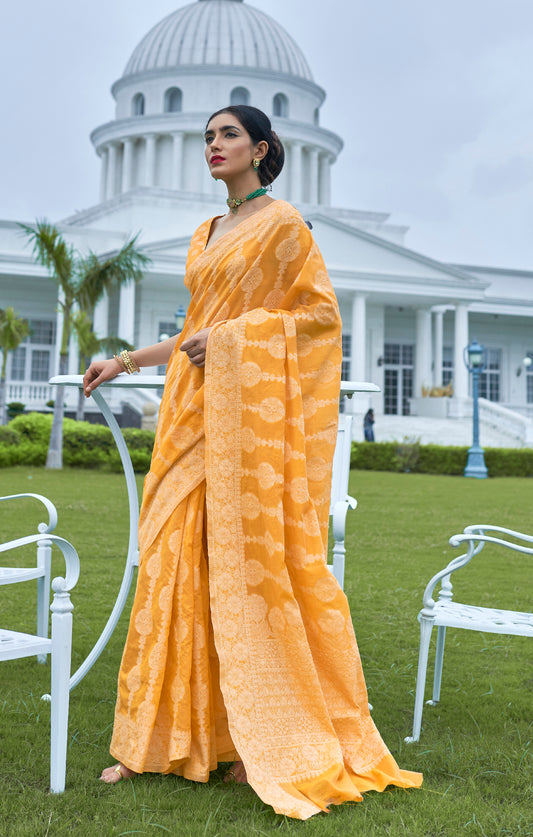 Canary Yellow Woven Chikankari Saree with Intricate Design