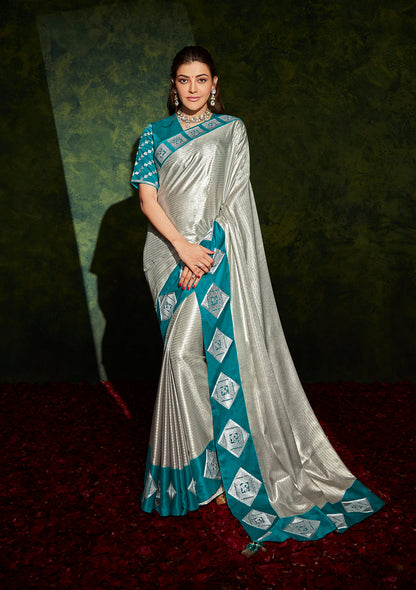 Shining Dilver Mettalic Organza Saree with Abstract Designer Border for Weddings