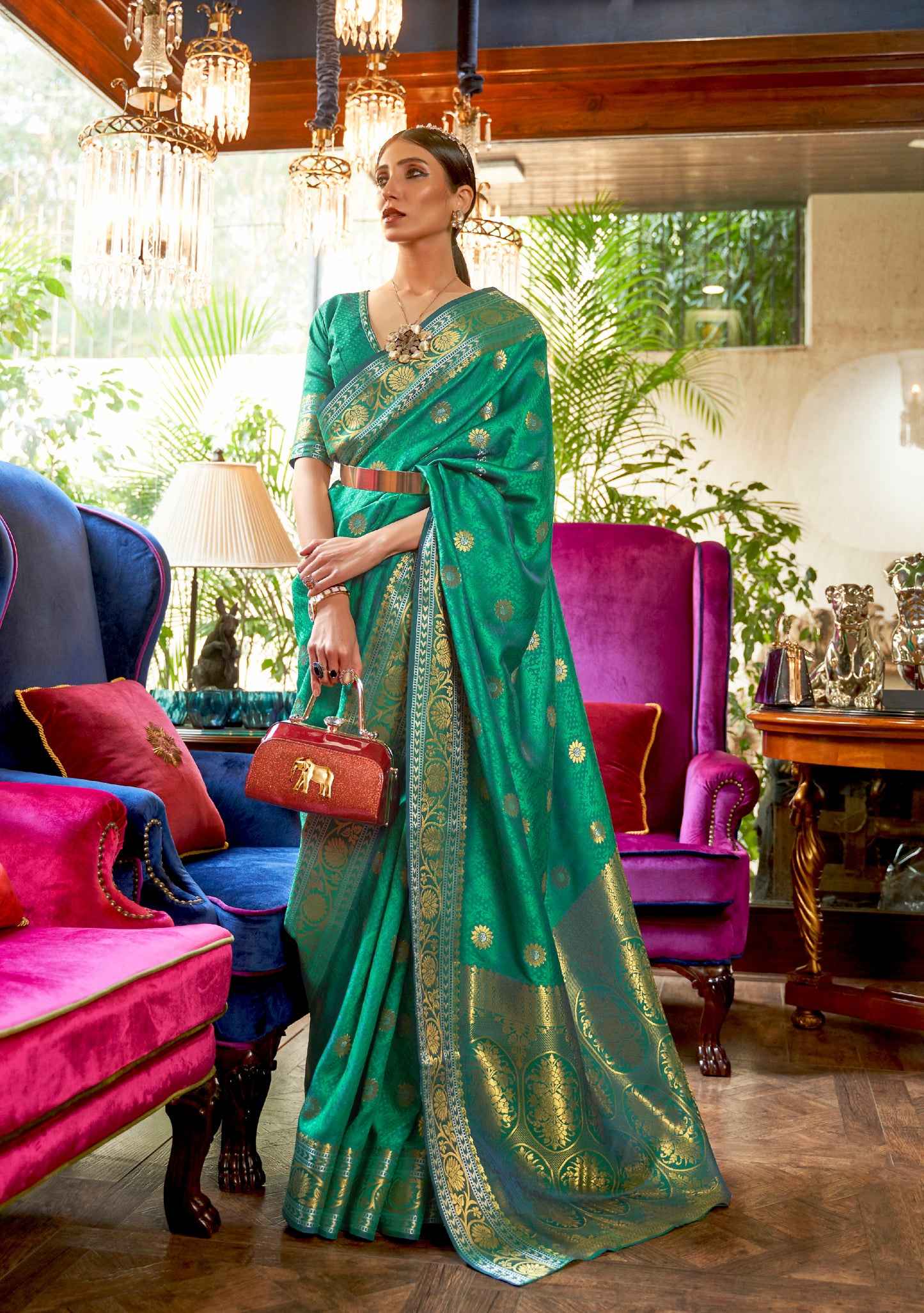 Emerald Green Soft Banarasi Silk Saree with Golden Zari Weaving