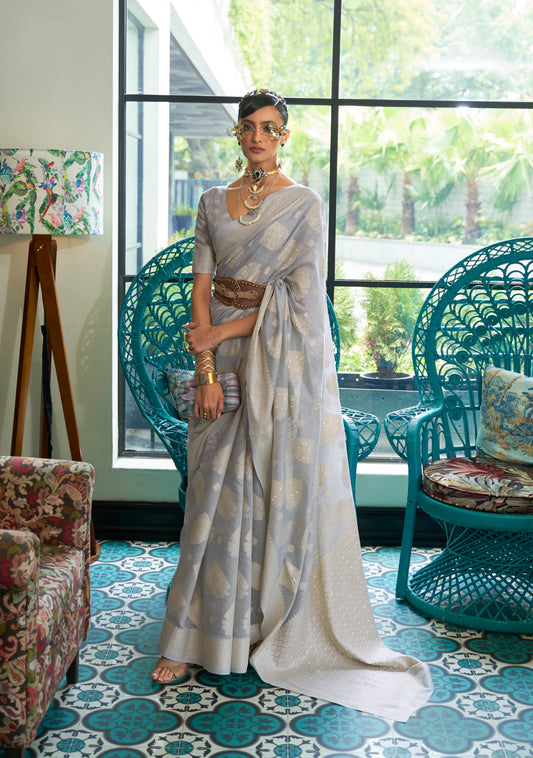 Ice Blue Woven Lucknowi Saree in Pure Modal Silk