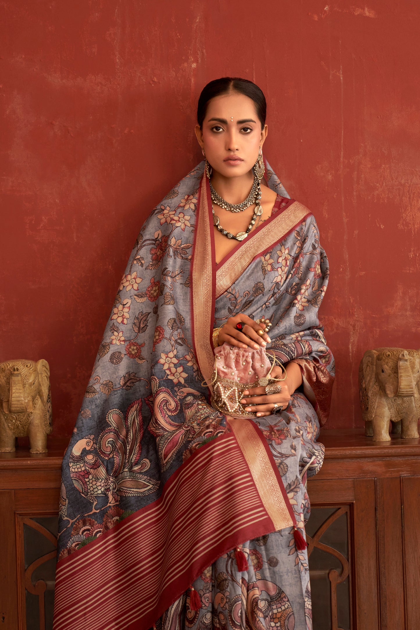 Cloud Grey Pen Kalamkari Printed Silk Saree with Woven Kanchi Pallu