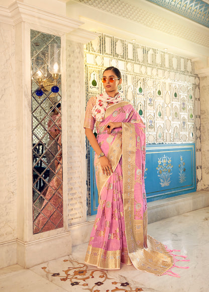 Baby Pink Woven Banarasi Linen Silk Saree