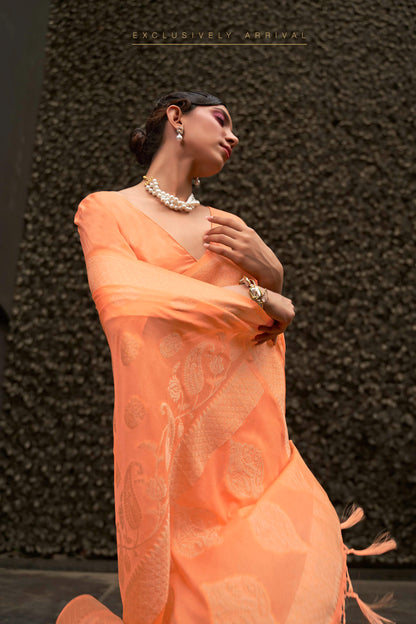 Tangerine Banarasi Woven Saree with Designer Pallu and Border