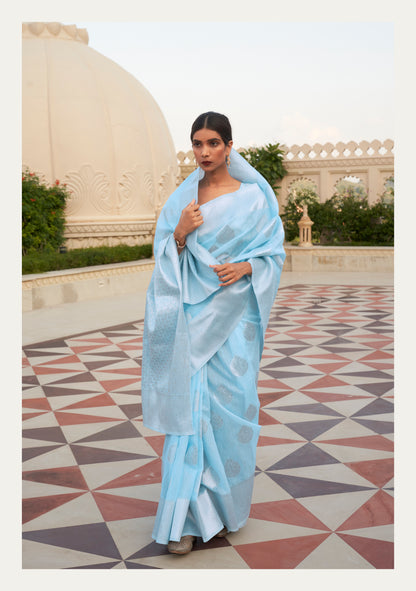 Paled Turquoise Woven Linen Silk Saree Blouse with Banarasi Butti