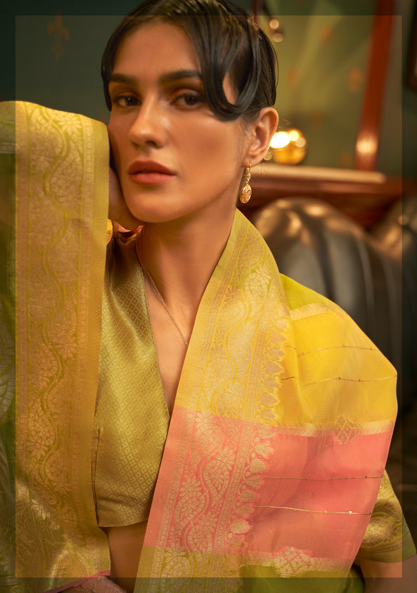 Golden and Yellow Shadded Beautiful Organza Silk Saree Blouse for Woman
