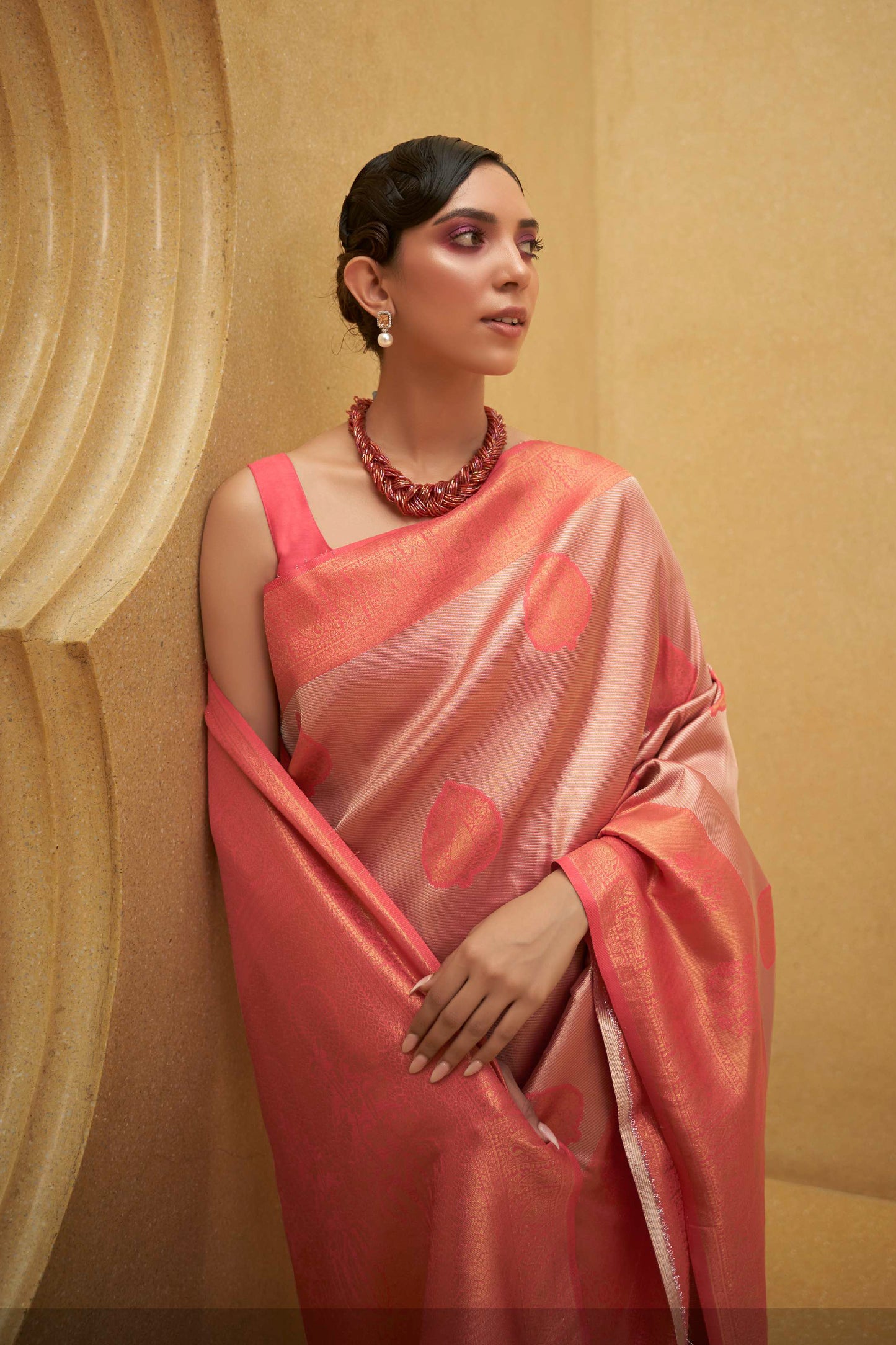 Strawberry Pink Latest Designer Kanjivaram Silk Saree with Antique Finish