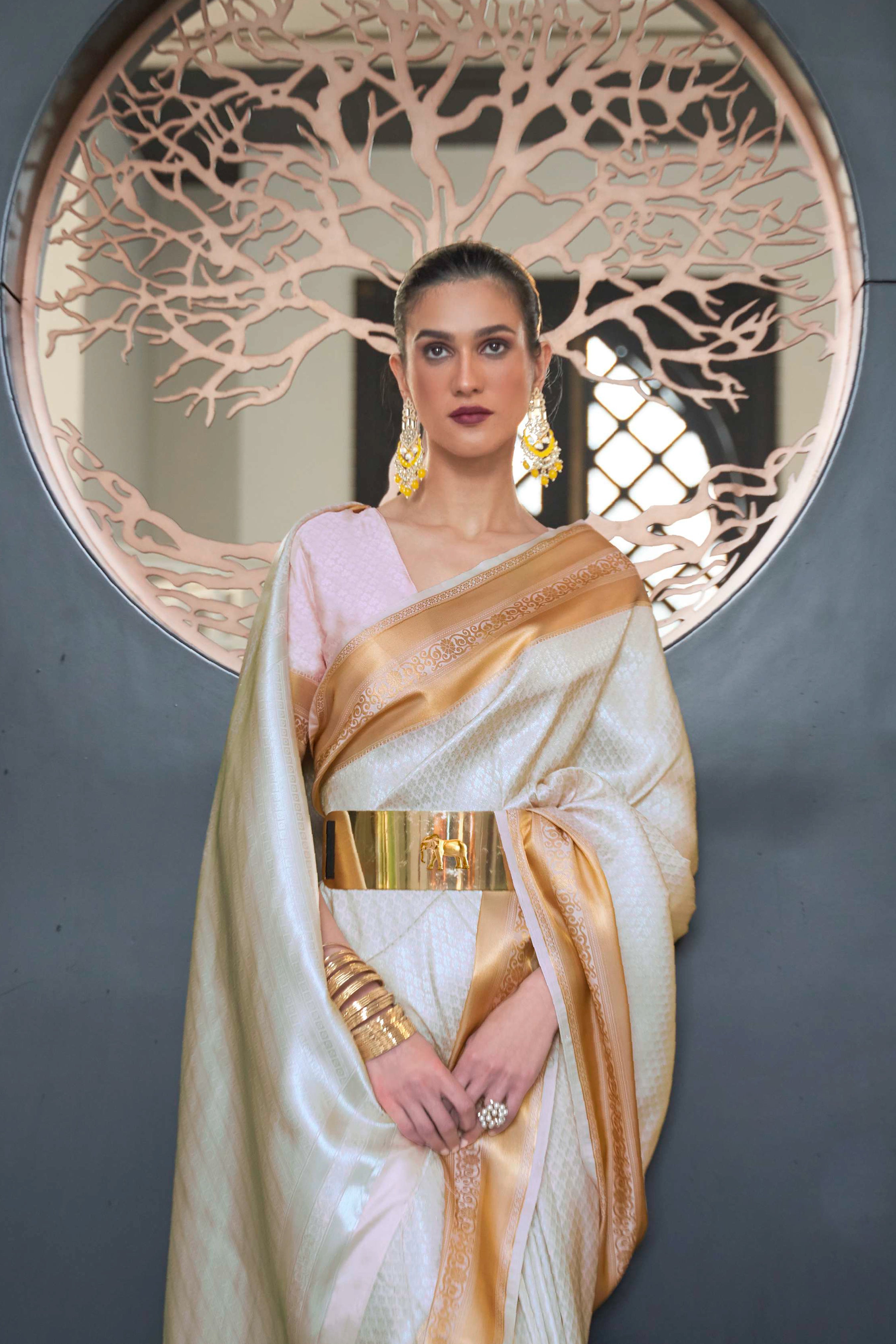 Ivory White Kanjivaram Silk Saree - Shaaola.com