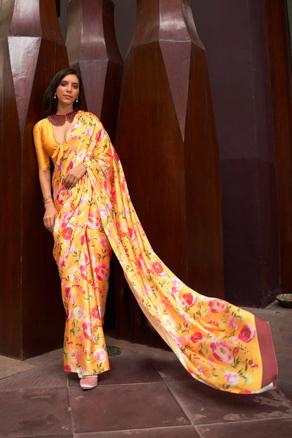 Apricot Orange Floral 3D Printed Pure Satin Silk Saree for Weddings