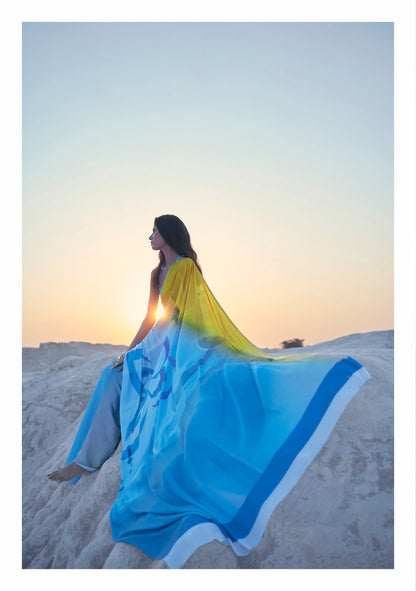 Yellow Blue Ombre Digital Designer Printed Satin Saree