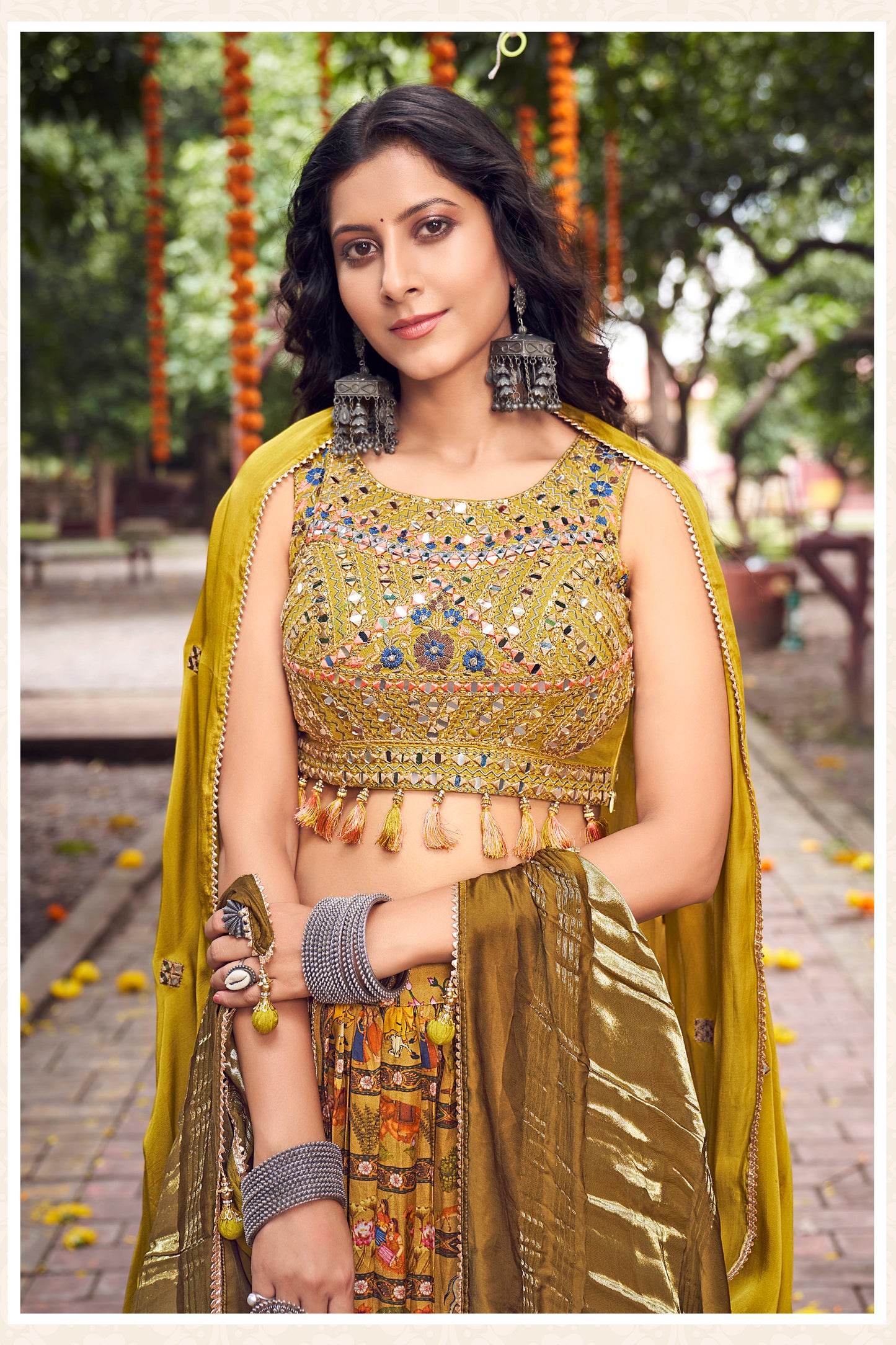 Golden Yellow Traditional Gajji Lahenga Choli with Designer Embroidered Mirror Embellished Blouse