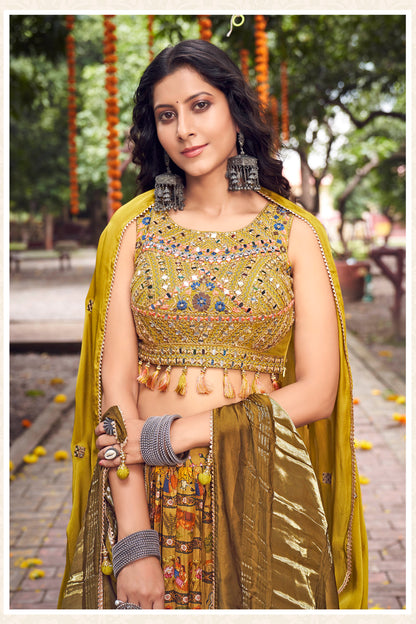 Golden Yellow Traditional Gajji Lahenga Choli with Designer Embroidered Mirror Embellished Blouse