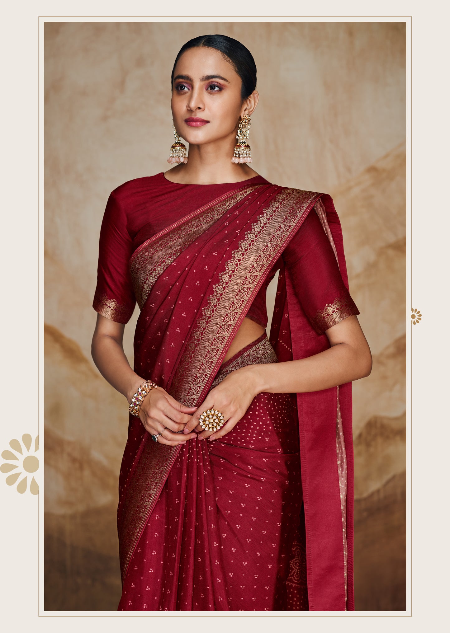 Maroon Red Pure Bandhej Saree with Hand Embroidered Border and Velvet Blouse