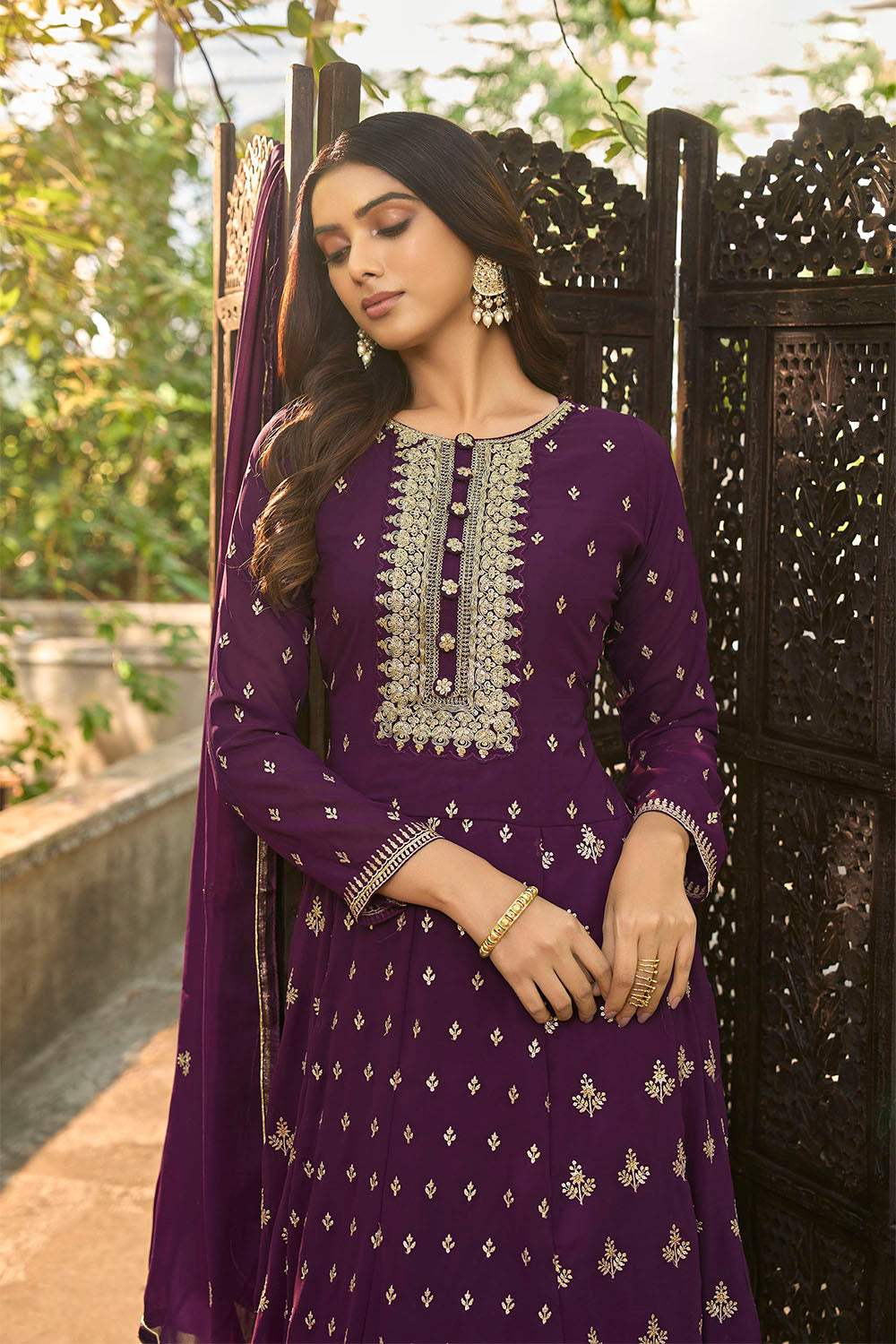 Dark Plum Embroidered Partywear Gown Suit with Dupatta