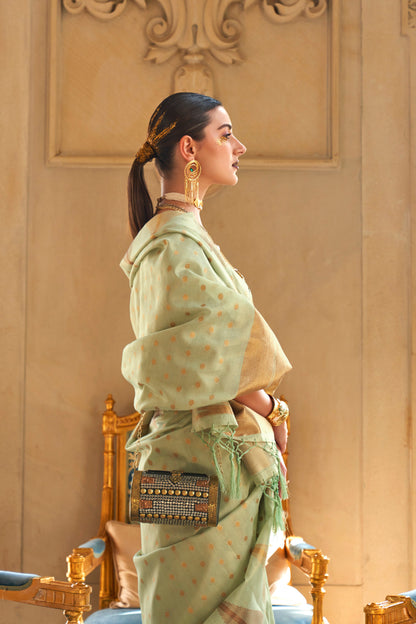 Pistachio Green Temple Bordered Designer Soft Tissue Saree for Weddings
